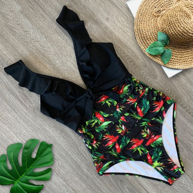 2020 Sexy New Ruffle One Piece Swimsuit Off The Shoulder Swimwear Women Swimsuit Deep-V Bathing Suits Beach Wear Swim Suit