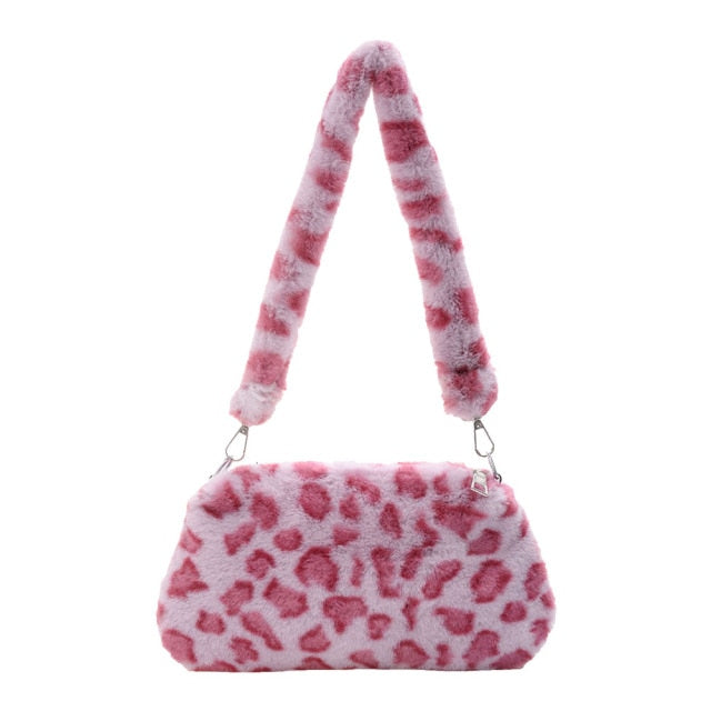 2021 INS Fashion Women Cow Print Mini Shoulder Bags Female Winter Plush Underarm Bags Leopard Zebra Pattern Fluffy Tote Bags
