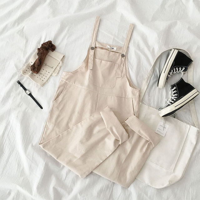 Jumpsuits Women Spring Strap Button Ankle-length Solid Harajuku BF Loose Kawaii Wide-leg Students Womens All-match Trendy Chic