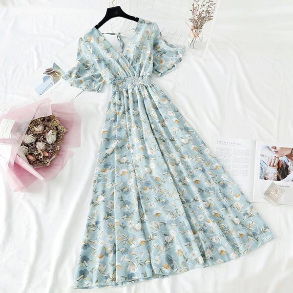 2021 Summer Women Ruffled Short-sleeved Chiffon Dress V-neck High Waist Floral Print Beach Midi Dresses Backless Sexy Vestidos