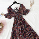 2021 Summer Women Ruffled Short-sleeved Chiffon Dress V-neck High Waist Floral Print Beach Midi Dresses Backless Sexy Vestidos
