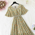2021 Summer Women Ruffled Short-sleeved Chiffon Dress V-neck High Waist Floral Print Beach Midi Dresses Backless Sexy Vestidos