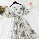 2021 Summer Women Ruffled Short-sleeved Chiffon Dress V-neck High Waist Floral Print Beach Midi Dresses Backless Sexy Vestidos