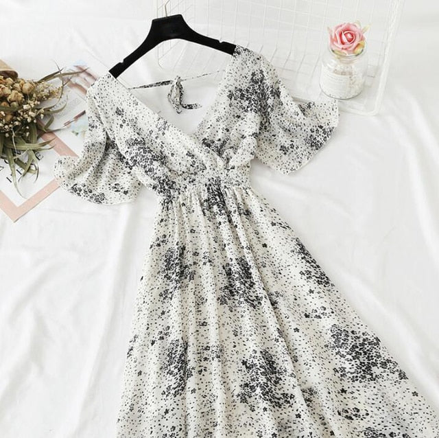 2021 Summer Women Ruffled Short-sleeved Chiffon Dress V-neck High Waist Floral Print Beach Midi Dresses Backless Sexy Vestidos
