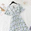 2021 Summer Women Ruffled Short-sleeved Chiffon Dress V-neck High Waist Floral Print Beach Midi Dresses Backless Sexy Vestidos