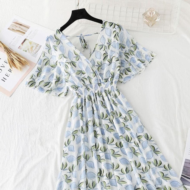 2021 Summer Women Ruffled Short-sleeved Chiffon Dress V-neck High Waist Floral Print Beach Midi Dresses Backless Sexy Vestidos