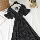 2021 Summer Women Ruffled Short-sleeved Chiffon Dress V-neck High Waist Floral Print Beach Midi Dresses Backless Sexy Vestidos