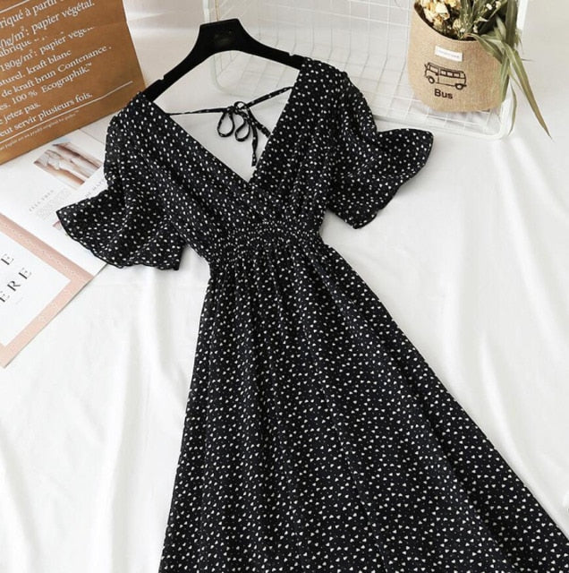2021 Summer Women Ruffled Short-sleeved Chiffon Dress V-neck High Waist Floral Print Beach Midi Dresses Backless Sexy Vestidos