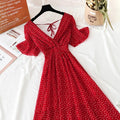 2021 Summer Women Ruffled Short-sleeved Chiffon Dress V-neck High Waist Floral Print Beach Midi Dresses Backless Sexy Vestidos