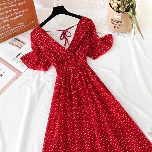 2021 Summer Women Ruffled Short-sleeved Chiffon Dress V-neck High Waist Floral Print Beach Midi Dresses Backless Sexy Vestidos
