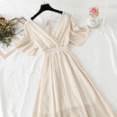 2021 Summer Women Ruffled Short-sleeved Chiffon Dress V-neck High Waist Floral Print Beach Midi Dresses Backless Sexy Vestidos