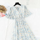 2021 Summer Women Ruffled Short-sleeved Chiffon Dress V-neck High Waist Floral Print Beach Midi Dresses Backless Sexy Vestidos