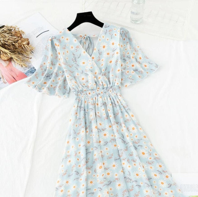 2021 Summer Women Ruffled Short-sleeved Chiffon Dress V-neck High Waist Floral Print Beach Midi Dresses Backless Sexy Vestidos