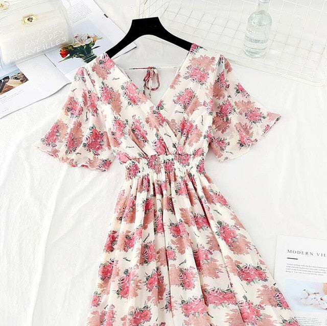 2021 Summer Women Ruffled Short-sleeved Chiffon Dress V-neck High Waist Floral Print Beach Midi Dresses Backless Sexy Vestidos