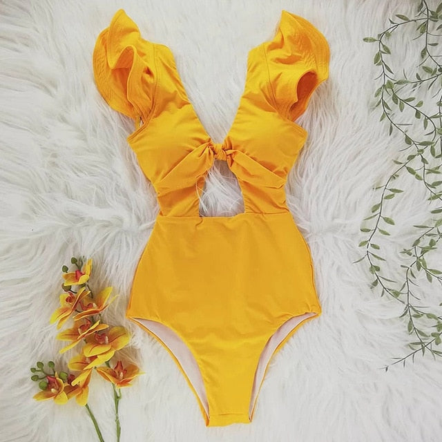 2021 New Sexy Ruffle Print Floral One Piece Swimsuit Off The Shoulder Swimwear Women Solid Deep-V Beachwear Bathing Suit Monkini