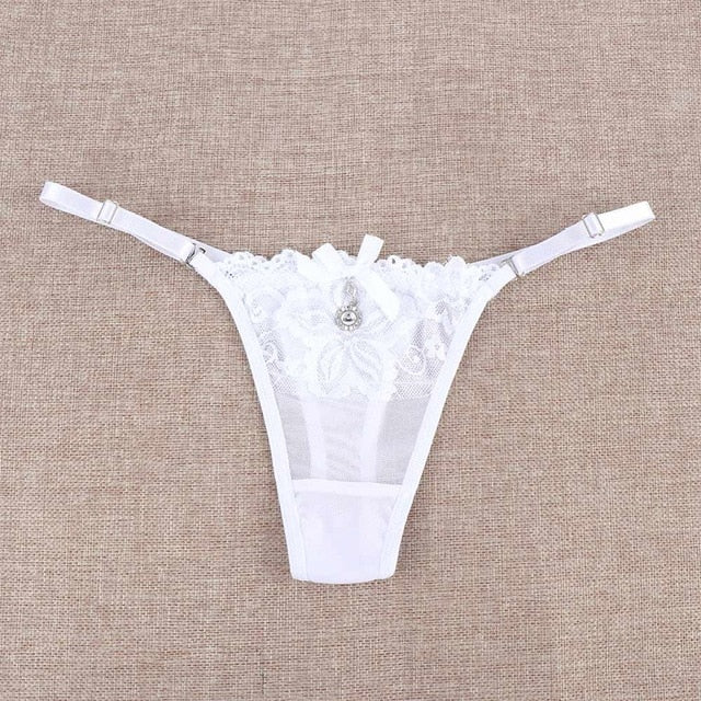 Women Lace Panties Thongs Pearl Pendant Lace Embroidery G-String T-Back Briefs Underwear Adjustable Ladies Panties Sexy Lingerie