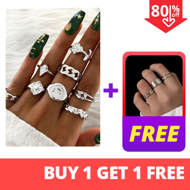 17KM Bohemian Gold Chain Rings Set For Women Fashion Boho Coin Snake Moon Rings Party 2021 Trend Jewelry Gift