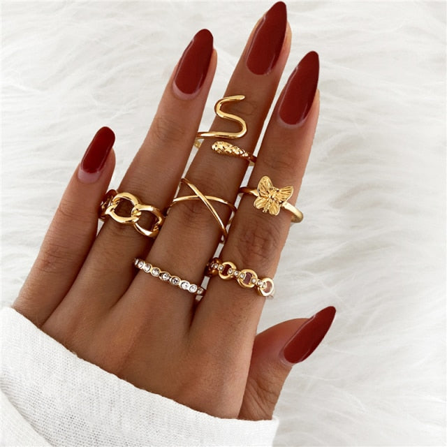 17KM Bohemian Gold Chain Rings Set For Women Fashion Boho Coin Snake Moon Rings Party 2021 Trend Jewelry Gift