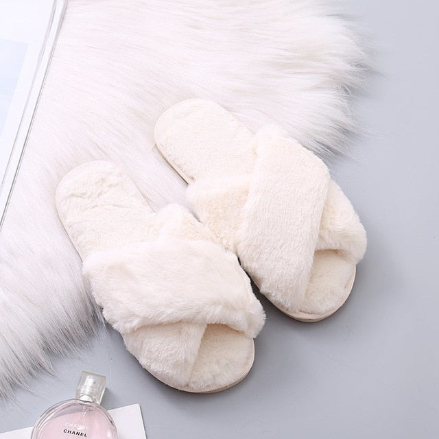 Warm Fluffy Slippers Women Cozy Faux Fur Cross Indoor Floor Slides Flat Soft Furry Shoes Ladies Female Celebrities Flip Flops