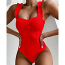 EVISPORTS 2021 New Sexy Female Swimsuit Vintage One Piece Ruffled Push Up Solid Red Swimwear Women Monokini Padded Bathing Suits