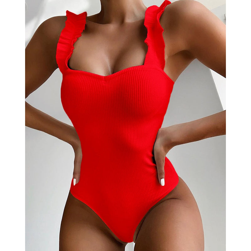 EVISPORTS 2021 New Sexy Female Swimsuit Vintage One Piece Ruffled Push Up Solid Red Swimwear Women Monokini Padded Bathing Suits