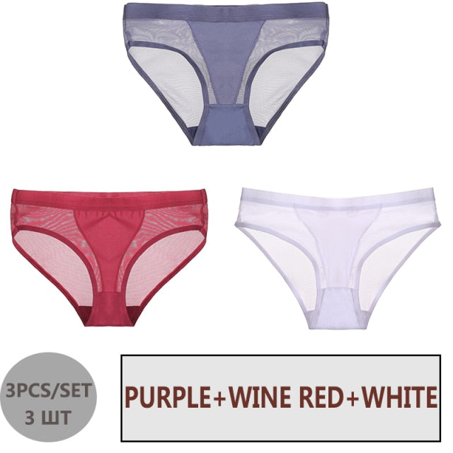 FINETOO 3PCS/Set Women Panties Sexy Mesh Lingerie Breathable Female Underwear For Woman Low-Rise Underpant Woman Panties Briefs