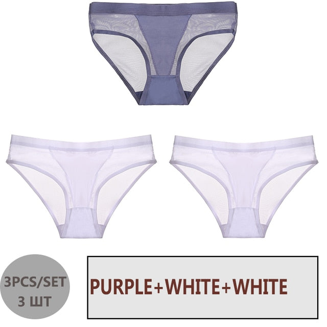 FINETOO 3PCS/Set Women Panties Sexy Mesh Lingerie Breathable Female Underwear For Woman Low-Rise Underpant Woman Panties Briefs