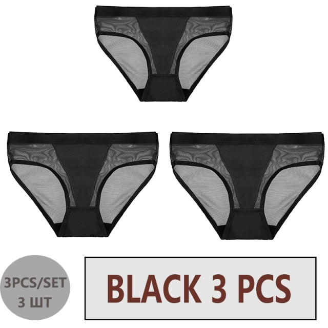 FINETOO 3PCS/Set Women Panties Sexy Mesh Lingerie Breathable Female Underwear For Woman Low-Rise Underpant Woman Panties Briefs
