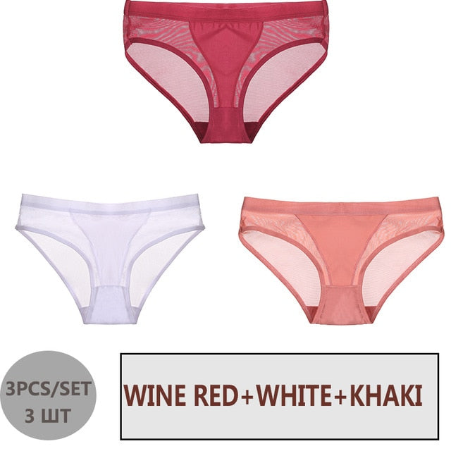 FINETOO 3PCS/Set Women Panties Sexy Mesh Lingerie Breathable Female Underwear For Woman Low-Rise Underpant Woman Panties Briefs