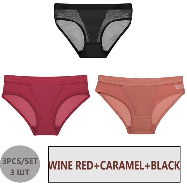 FINETOO 3PCS/Set Women Panties Sexy Mesh Lingerie Breathable Female Underwear For Woman Low-Rise Underpant Woman Panties Briefs