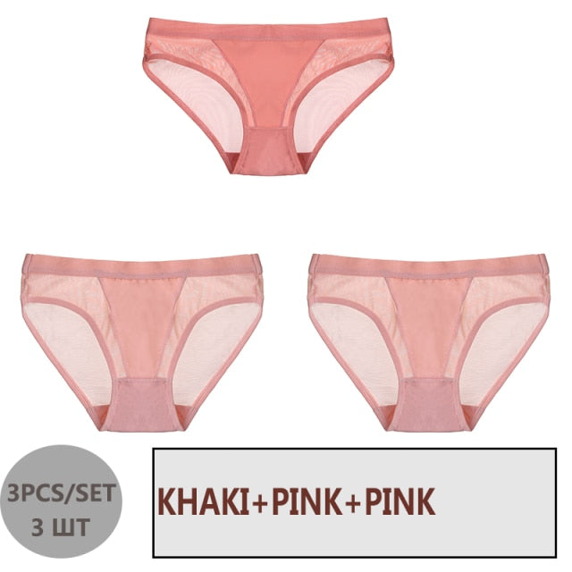 FINETOO 3PCS/Set Women Panties Sexy Mesh Lingerie Breathable Female Underwear For Woman Low-Rise Underpant Woman Panties Briefs