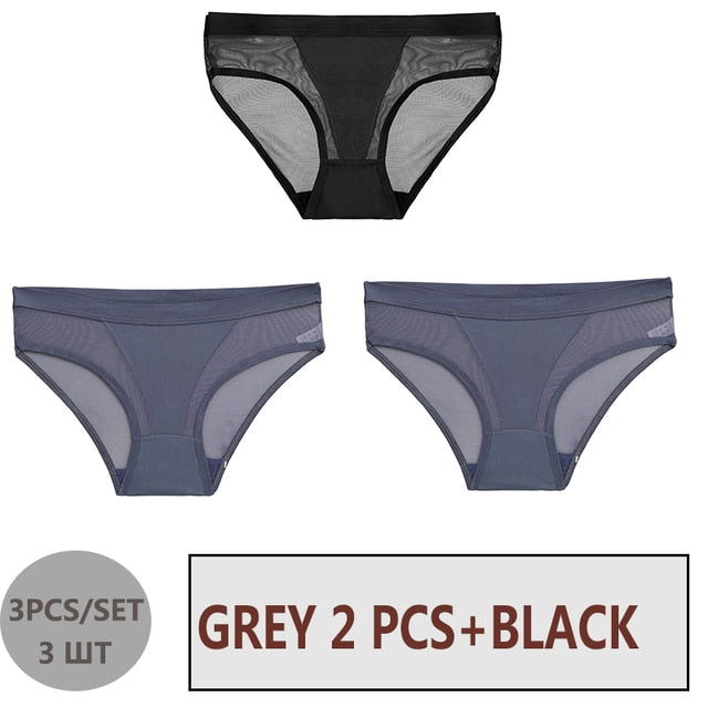 FINETOO 3PCS/Set Women Panties Sexy Mesh Lingerie Breathable Female Underwear For Woman Low-Rise Underpant Woman Panties Briefs