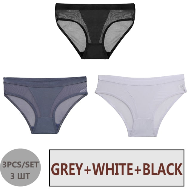 FINETOO 3PCS/Set Women Panties Sexy Mesh Lingerie Breathable Female Underwear For Woman Low-Rise Underpant Woman Panties Briefs