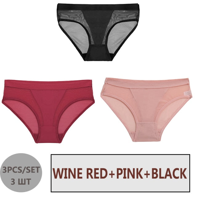 FINETOO 3PCS/Set Women Panties Sexy Mesh Lingerie Breathable Female Underwear For Woman Low-Rise Underpant Woman Panties Briefs