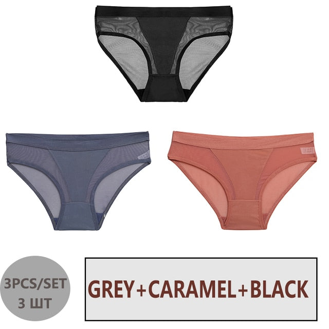 FINETOO 3PCS/Set Women Panties Sexy Mesh Lingerie Breathable Female Underwear For Woman Low-Rise Underpant Woman Panties Briefs
