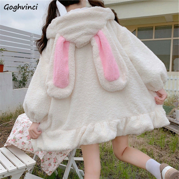 Hoodies Women Large Size Solid Zip-up Long Lantern Sleeve Hooded Rabbit Ears Lolita Cute Sweet Girls Harajuku Style Warm Baggy