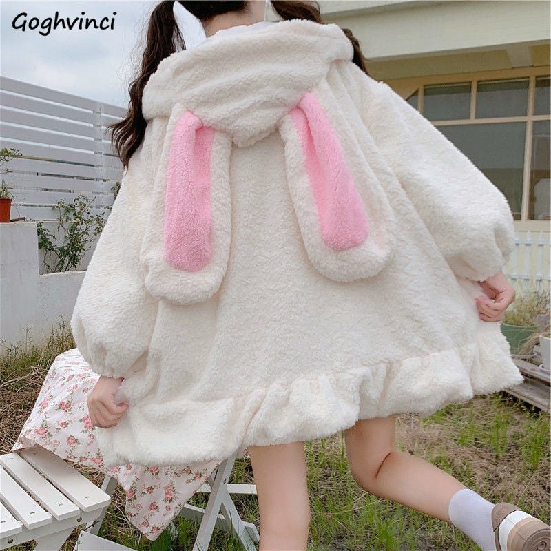 Hoodies Women Large Size Solid Zip-up Long Lantern Sleeve Hooded Rabbit Ears Lolita Cute Sweet Girls Harajuku Style Warm Baggy
