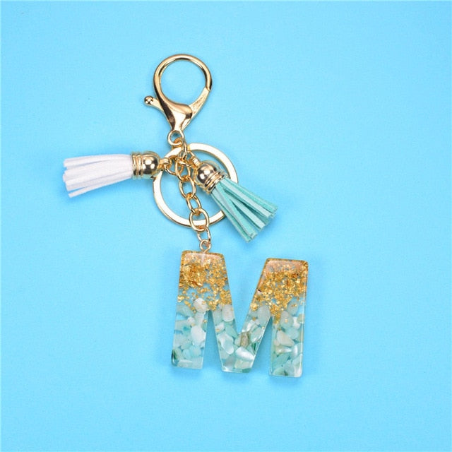 ZOSHI Fashion 26 Letters Resin Keychains for Women Gold Foil Bag Pendant Charms Handbag Accessories Tassel Key Rings