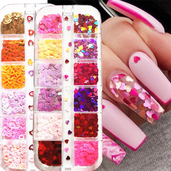 12 Grids/box Laser Love Heart Butterfly Nail Sequins Mixed Color Sparkle Nail Glitter Flakes 3D Nail Art Decorations Accessories