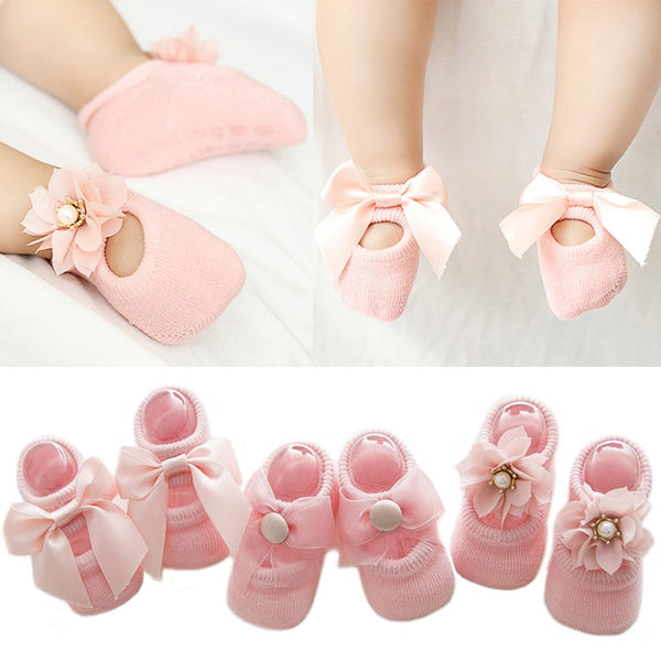3 Pairs/Lot Lace Flower Newborn Baby Socks Cotton Anti-Slip Kids Floor Socks Bow toddler Girl Socks Spring Girls Gift sokken