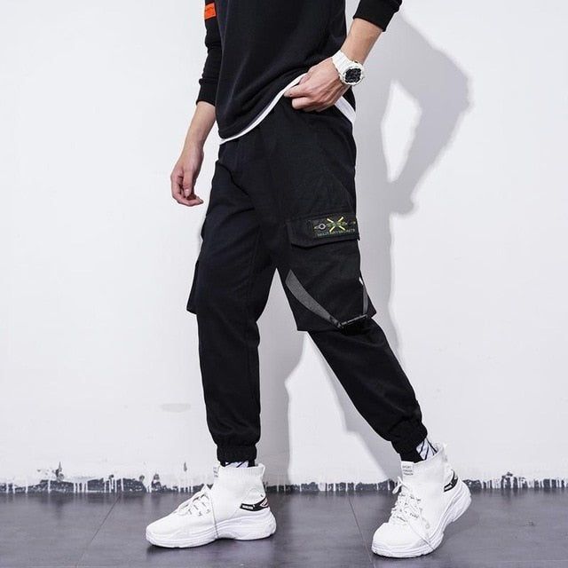 Men's Side Pockets Cargo Harem Pants 2021 Ribbons Black Hip Hop Casual Male Joggers Trousers Fashion Casual Streetwear Pants