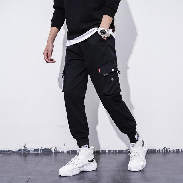 Men's Side Pockets Cargo Harem Pants 2021 Ribbons Black Hip Hop Casual Male Joggers Trousers Fashion Casual Streetwear Pants
