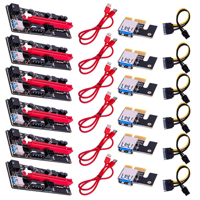 6pcs Newest VER009 USB 3.0 PCI-E Riser VER 009S Express 1X 4x 8x 16x Extender Riser Adapter Card SATA 15pin to 6 pin Power Cable