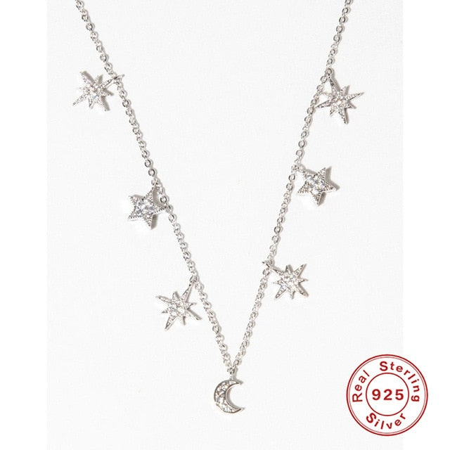 CANNER Stars Moon Real 925 Sterling Silver Necklace For Women 2020 Jewelry Pearl Fancy Diamond Chain Choker Necklace Bijoux