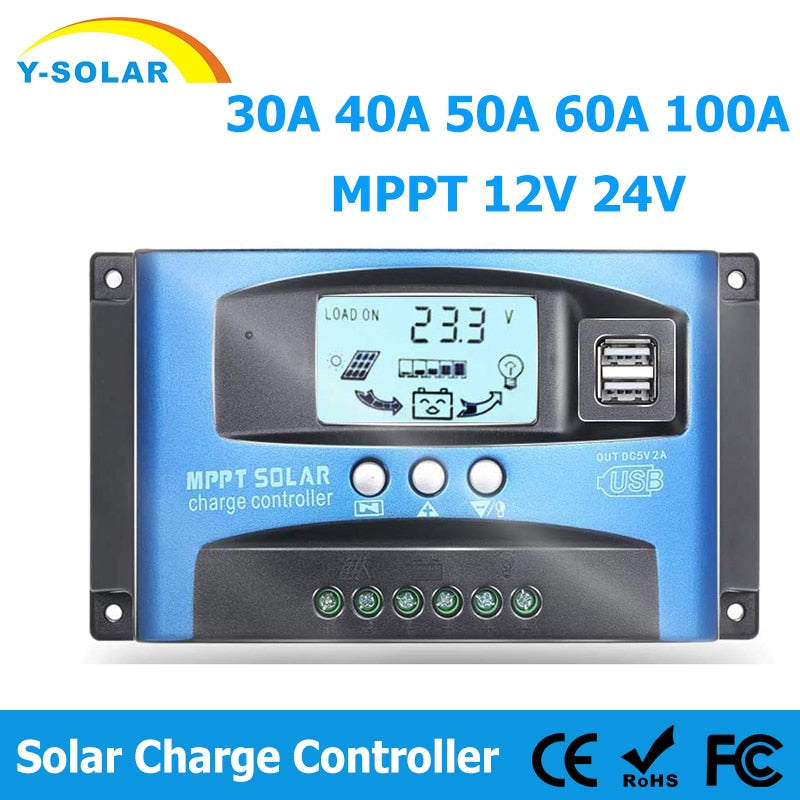 MPPT Solar Charge Controller PWM 100A 60A 50A 40A 30A Solar Power Regulator 12V 24V Auto Dual USB LCD Display Load Discharger