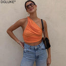 One Shoulder Crop Top Women Sexy Sleeveless Ruched Tank Top Summer White Black Blue Orange Plain Short Tanks Camis