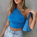 One Shoulder Crop Top Women Sexy Sleeveless Ruched Tank Top Summer White Black Blue Orange Plain Short Tanks Camis