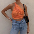 One Shoulder Crop Top Women Sexy Sleeveless Ruched Tank Top Summer White Black Blue Orange Plain Short Tanks Camis