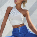 One Shoulder Crop Top Women Sexy Sleeveless Ruched Tank Top Summer White Black Blue Orange Plain Short Tanks Camis
