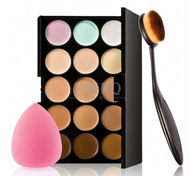 15 color Concealer Contouring Cream Based makeup cosmetic set brush Sponge Puff